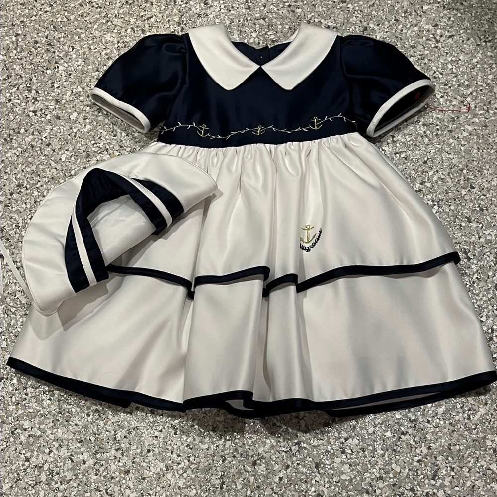 Angels New York Navy and White Satin Formal baby dress with Hat  18-24 months